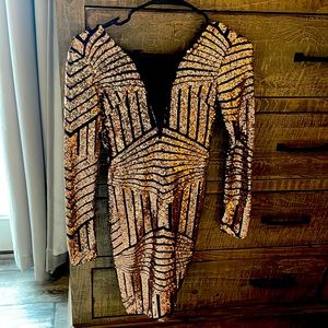 Long Sleeve, low back, black and gold sequin dress